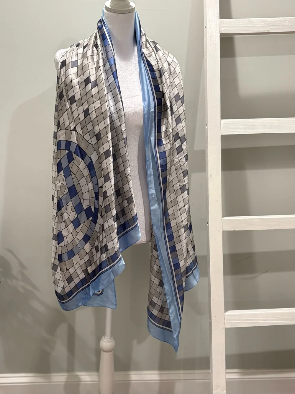 Light Blue and Navy Geometric Silk Scarf
